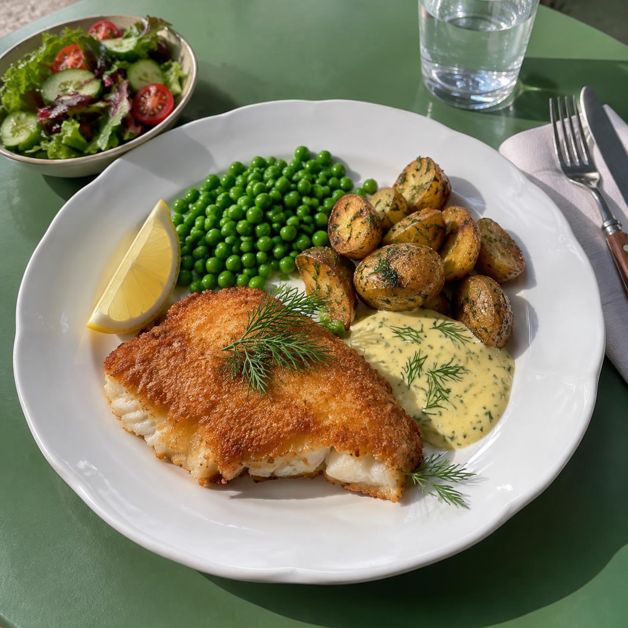 Panerad fisk med rostad potatis, ärtor och hollandaise